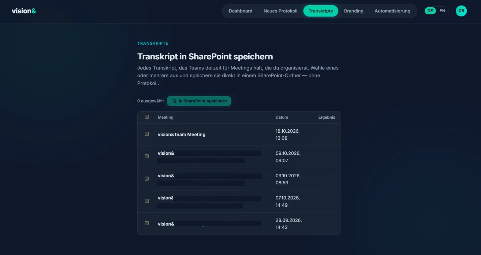 Ansicht «Transkripte»: Liste der Teams-Transkripte mit Auswahl und Schaltfläche «In SharePoint speichern»
